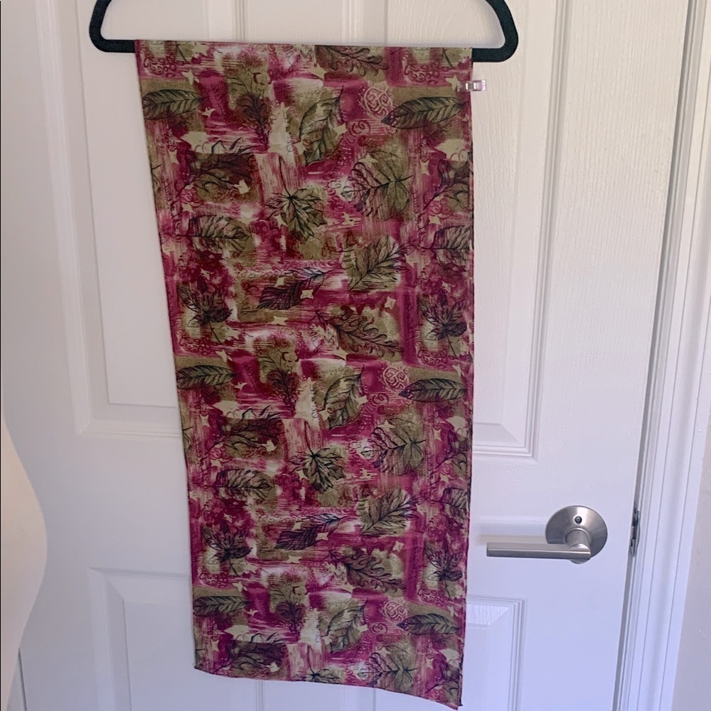 Pink and green silk scarf with leaf print and leaf names